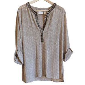 Chico's Women's Tunic Blouse VNeck Beaded Rolled Sleeves Brown Size 2 (Large)